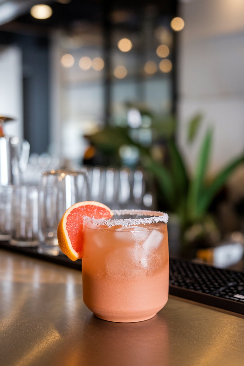 Indoor bar with a clay-colored glass of grapefruit mezcal Paloma, salt rim on one side, grapefruit peel twist, no text or logos. Photo only.
