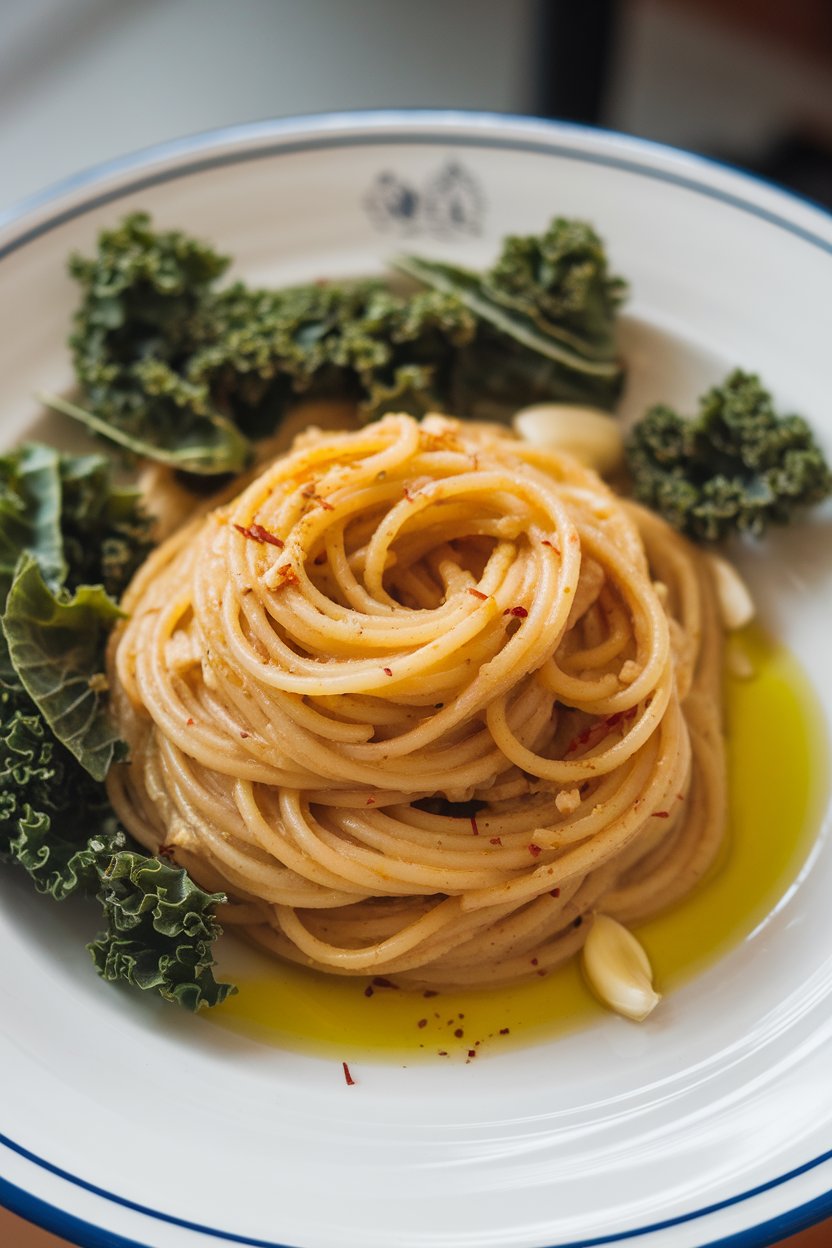 An indoor dinner plate showing twirled spaghetti glistening with olive oil, garlic slices, red pepper flakes, and wilted kale ribbons. No text or logos. Photo, not illustration.