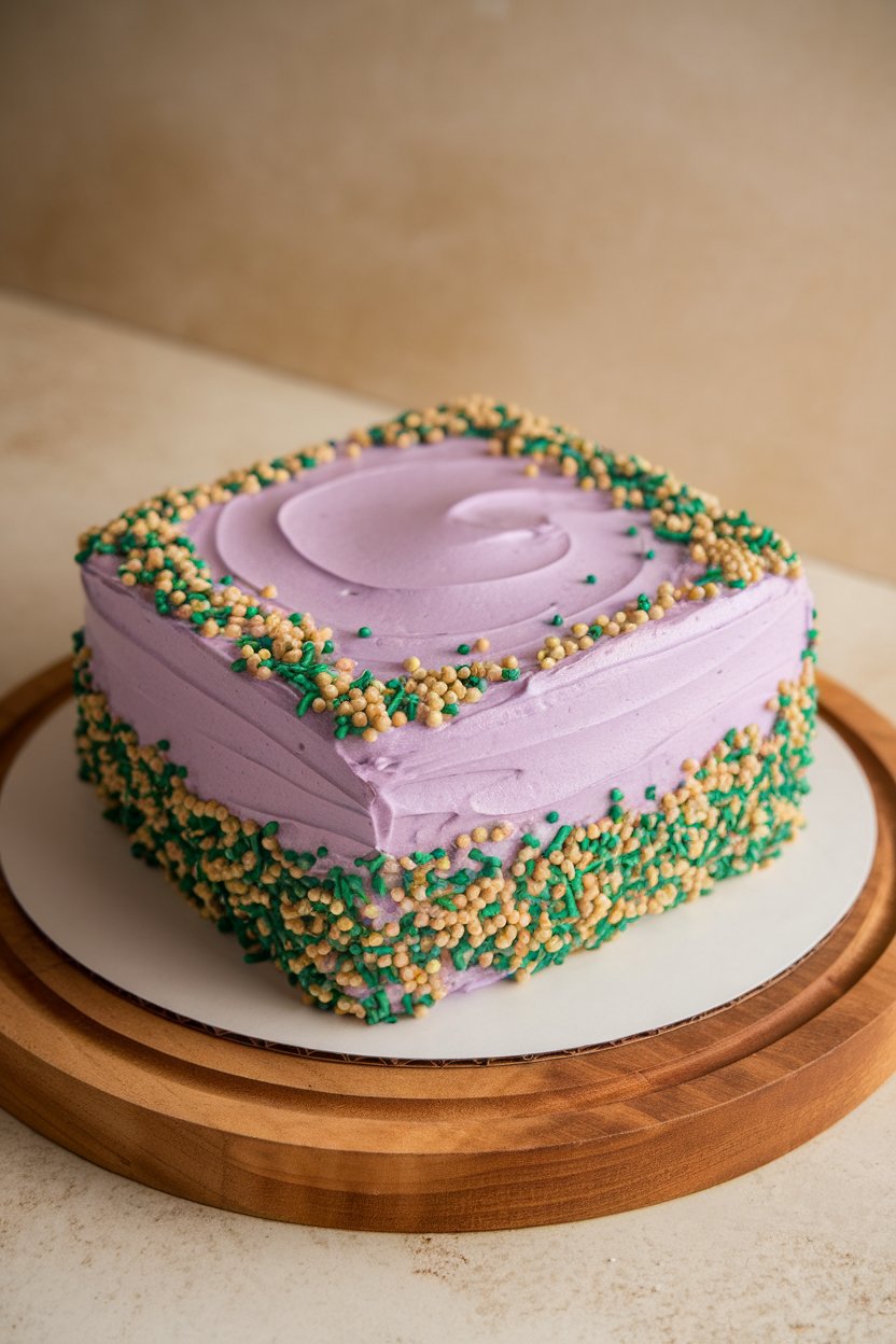 Indoor photo of a single-layer sheet cake frosted purple with green and gold sprinkles; no text or logos.