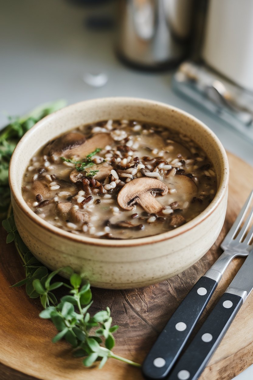 Indoor photo of earthy mushroom and wild rice soup in a beige bowl—visible slices of cremini mushrooms and grains of wild rice. No text or logos. Photo.