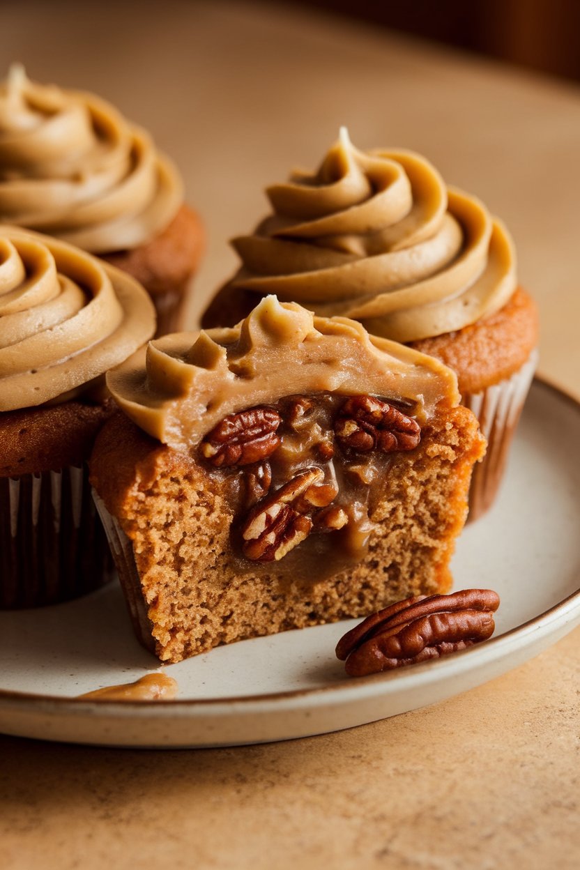 Photo of cupcakes cut in half revealing gooey pecan interior, caramel frosting on top, indoor lighting, no text or logos