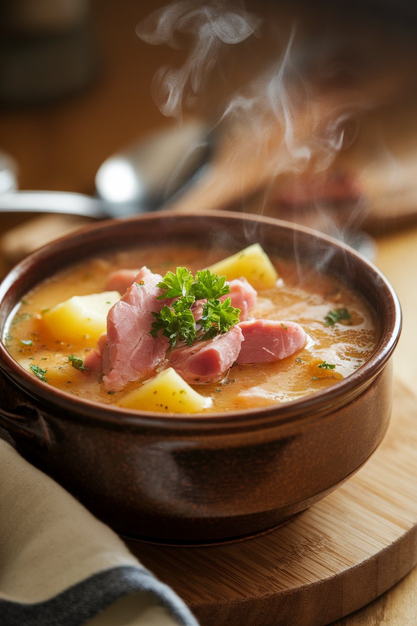 Indoor photo showing a hearty ham and potato soup in a deep bowl, garnished with parsley; soft warm lighting, no text or logos.