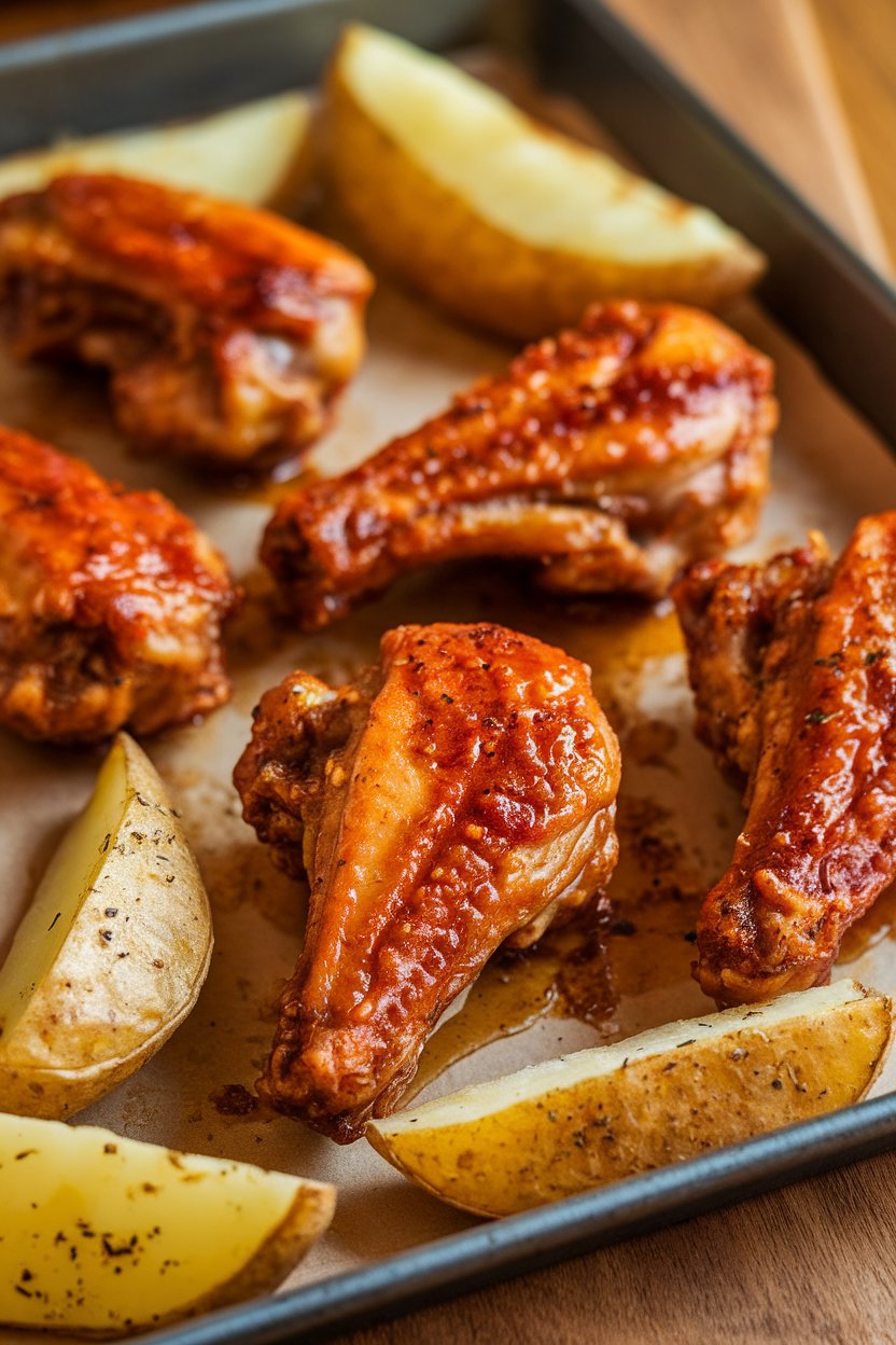 Indoor shot of crispy chicken wings coated in garlic-Parmesan butter beside seasoned potato wedges on a sheet pan. No text or logos.