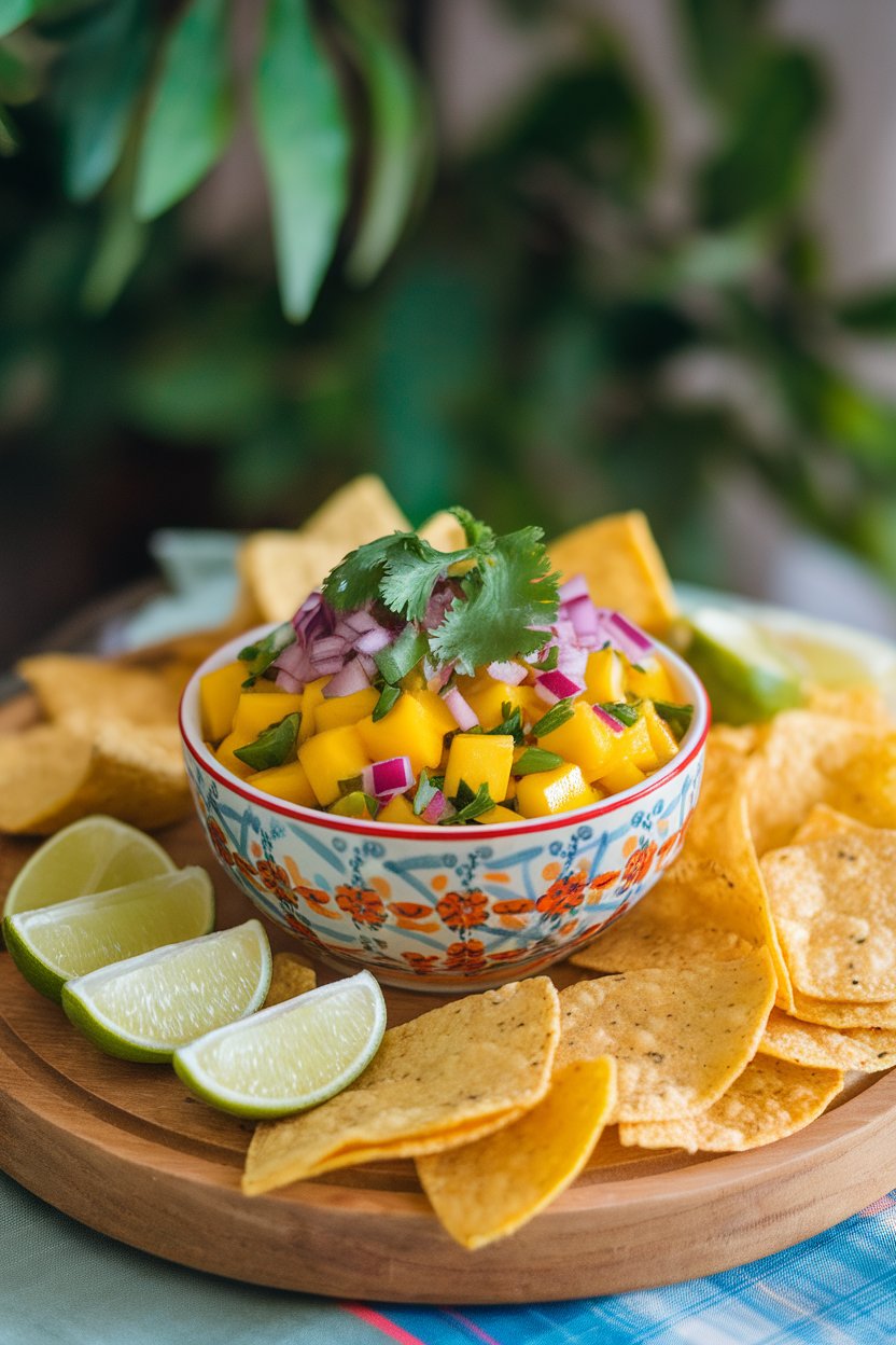 Indoor photo of a colorful bowl of mango salsa with red onion, cilantro, and jalapeño, surrounded by lime wedges and tortilla chips. No text or logos.