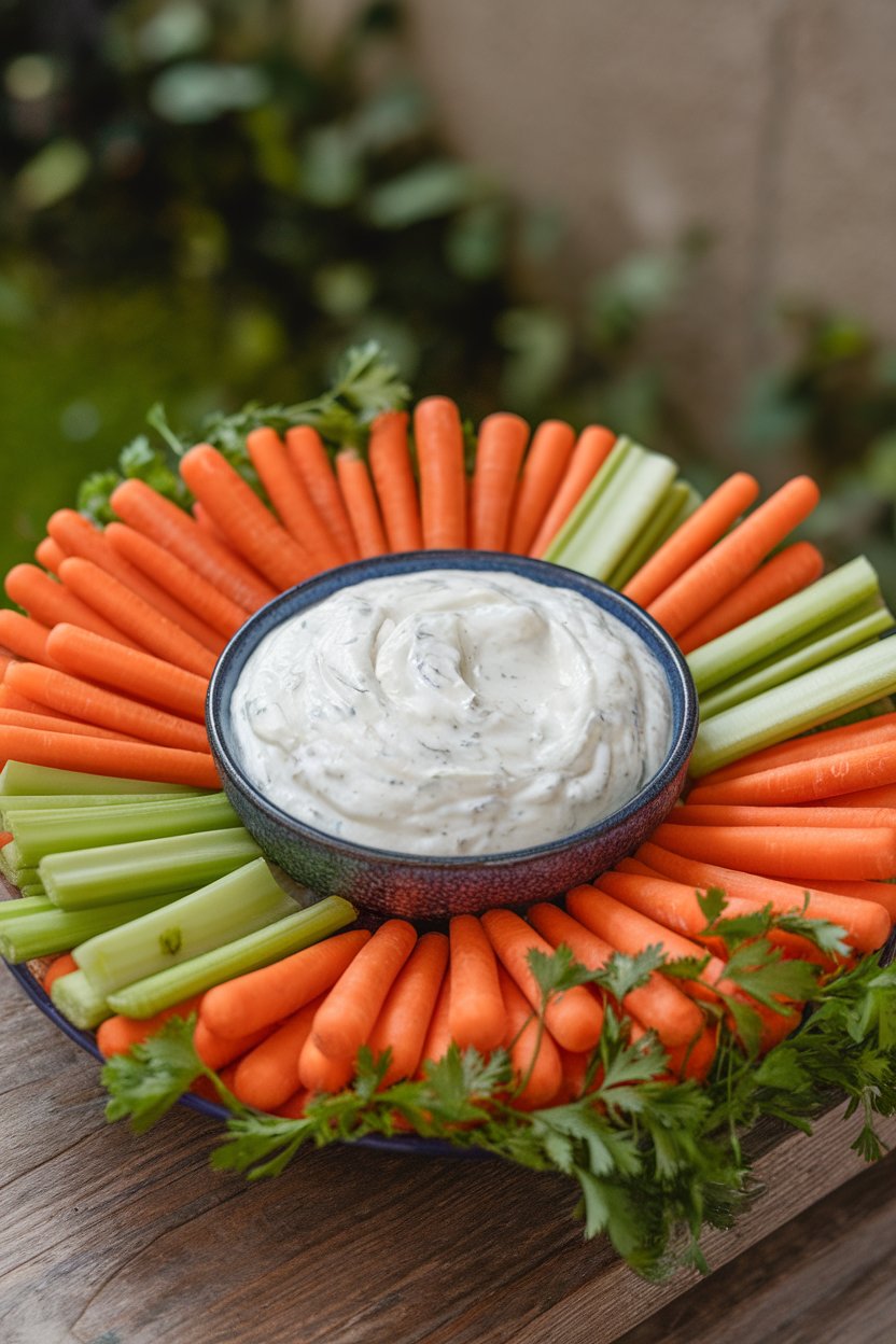 Indoor photo of a bowl of creamy ranch dip with carrot sticks and celery arranged around it. No text or logos.