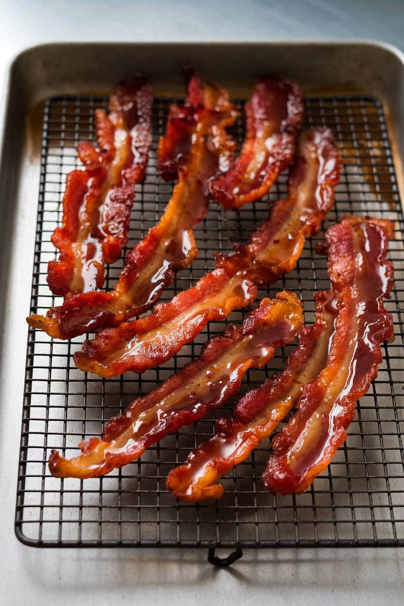 Indoor cooling rack with glossy strips of candied bacon, maple glaze visible, no text or logos.