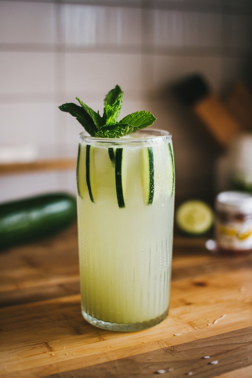 Indoor kitchen counter with a tall glass of pale green mocktail, cucumber ribbons inside, mint garnish on top, and condensation on the glass. No text or logos.