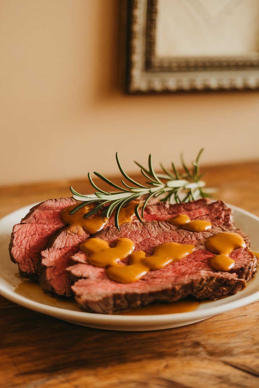 Indoor table with slices of beef drizzled in golden maple-mustard sauce, rosemary sprig garnish. No text or logos.
