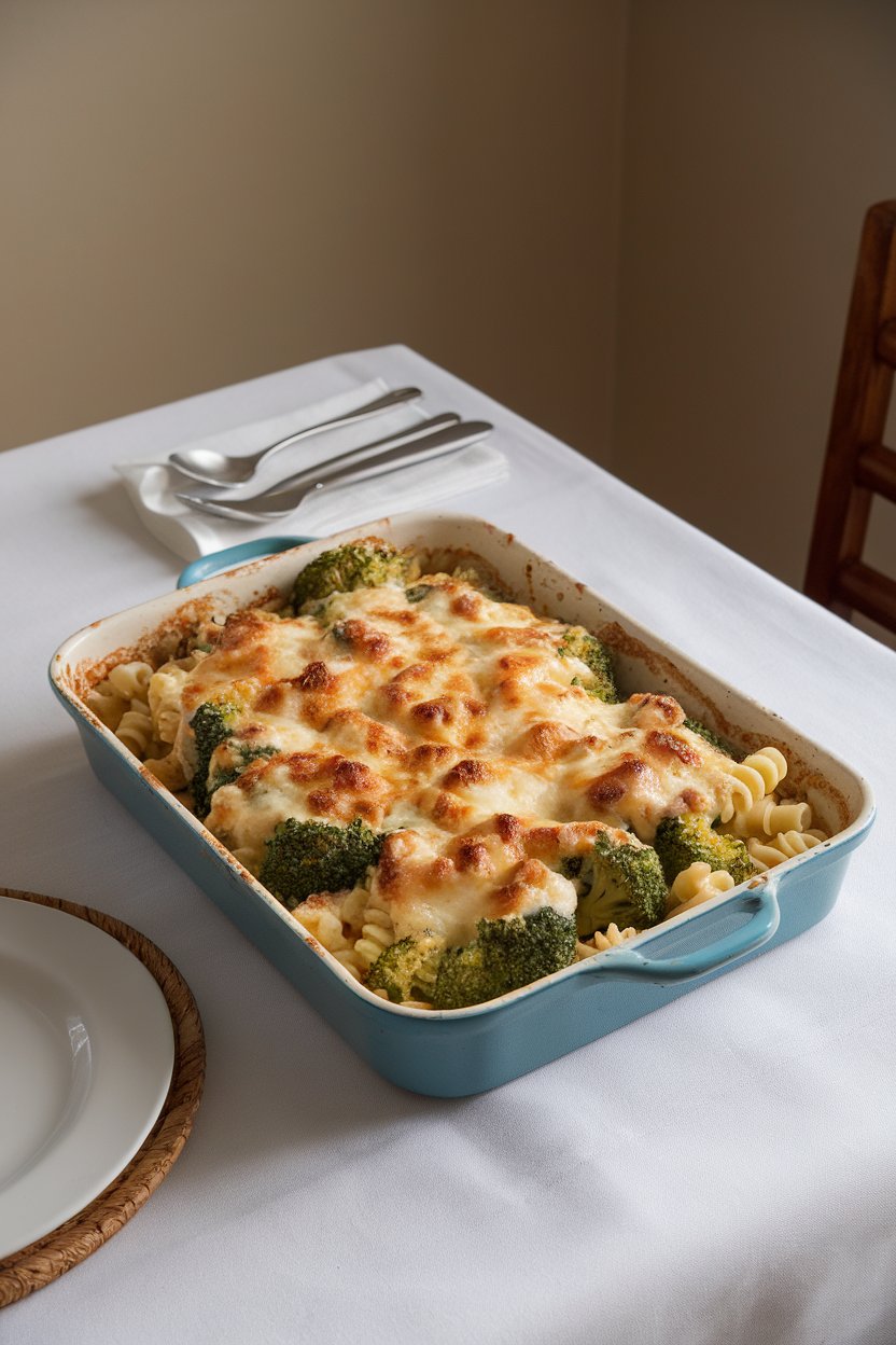 An indoor dining table showing a baking dish of pasta and broccoli coated in creamy Alfredo sauce, cheese browned on top. No text or logos. Photo, not illustration.