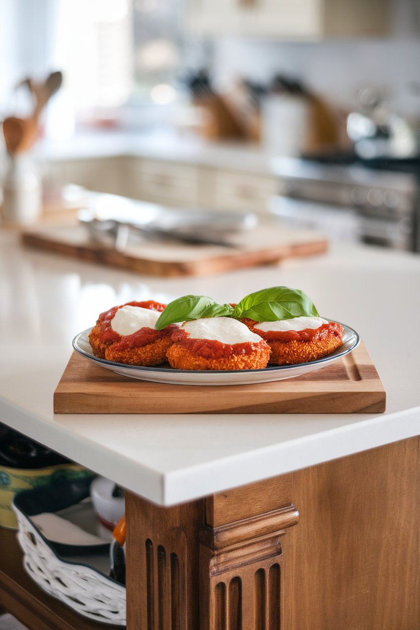 Indoor kitchen island showing breaded, baked eggplant cutlets topped with marinara and mozzarella. No text or logos.