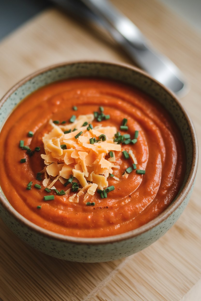 Indoor bowl of smooth red pepper soup topped with shredded smoked Gouda and a sprinkle of chives. No text or logos. Photo.