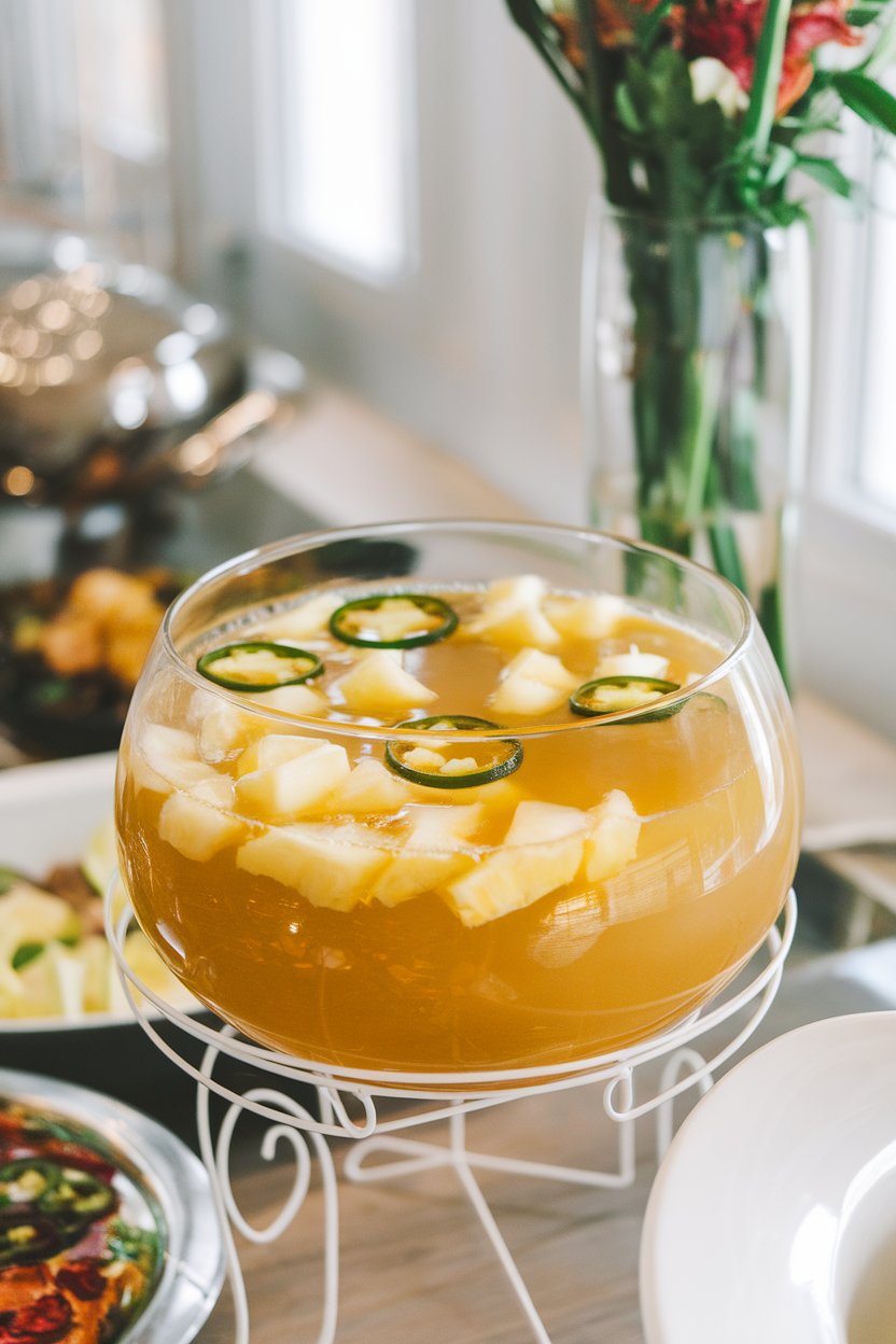 Photo of a clear punch bowl on an indoor buffet, filled with golden punch, floating pineapple chunks, and thin jalapeño rings; no text or logos.