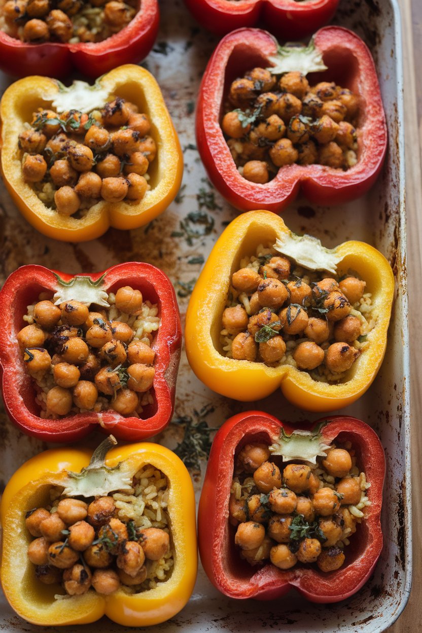 Indoor photo of halved bell peppers filled with spiced chickpeas and brown rice, baked until edges blister slightly. No text or logos.