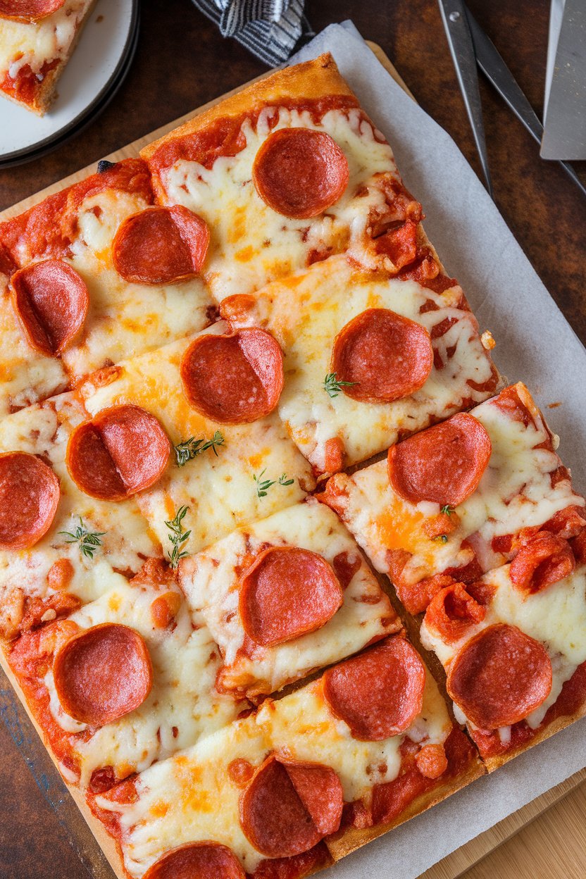 Indoor photo of sheet-pan pepperoni pizza cut into bite-size squares, cheese bubbling; no text or logos.