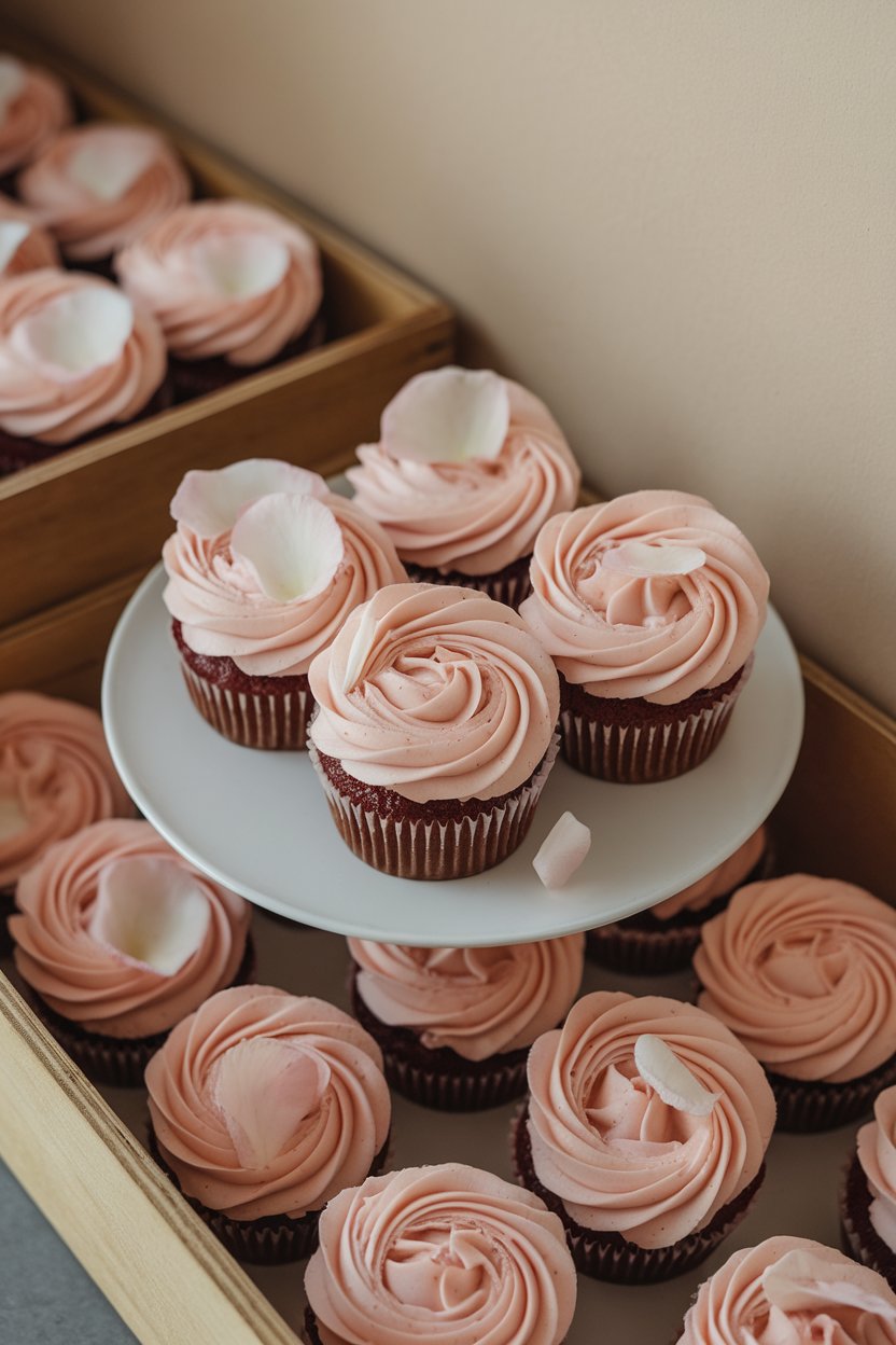 Indoor photo of pale pink cupcakes with sugared rose petal garnish, no text or logos