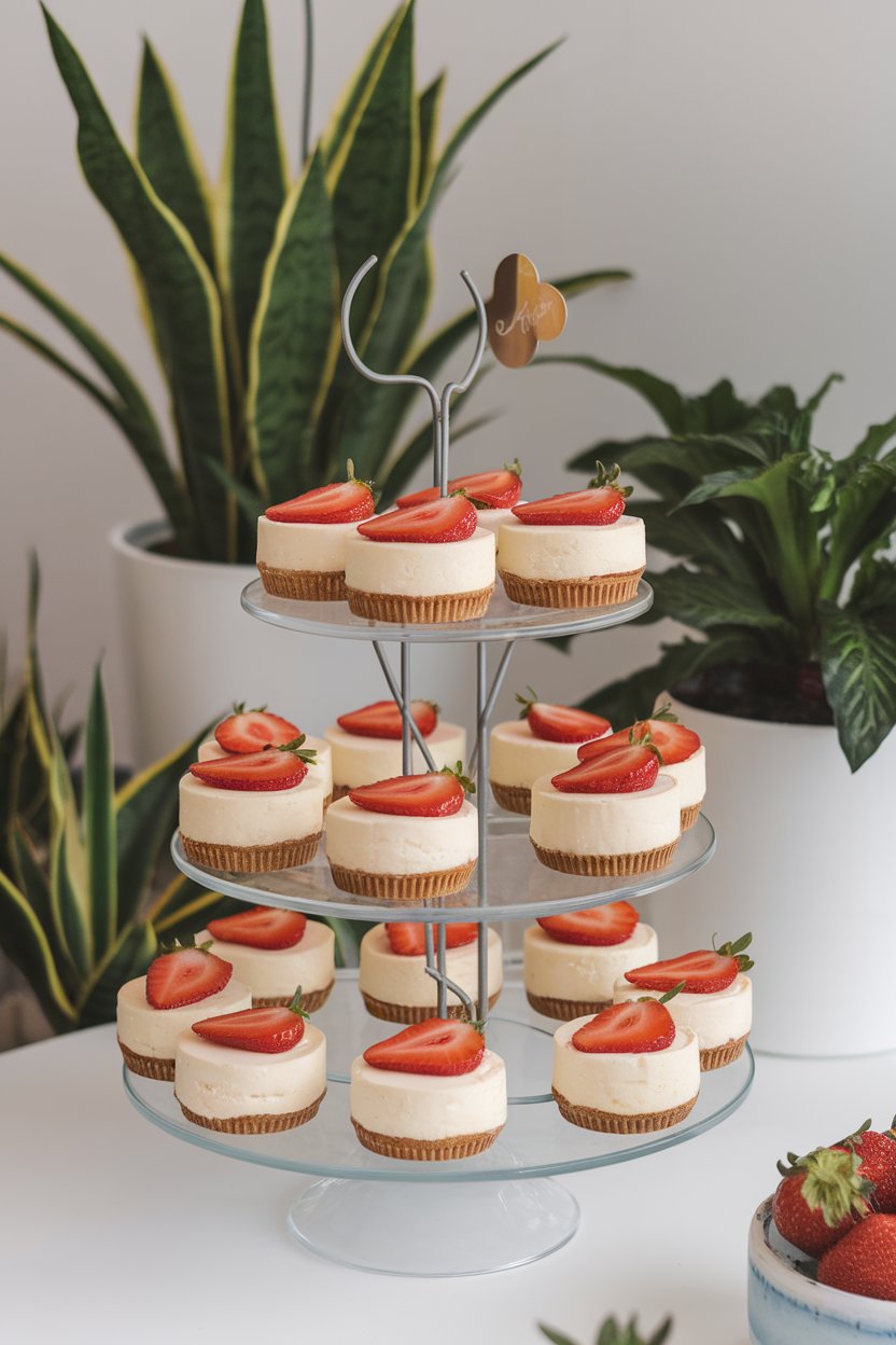 An indoor cupcake stand displaying mini cheesecakes topped with strawberry slices, no logos or text.