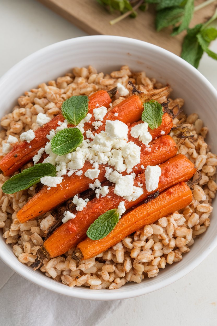 An indoor bowl of farro topped with roasted carrots glazed in harissa, crumbled feta, and mint leaves. No text or logos. Photo.