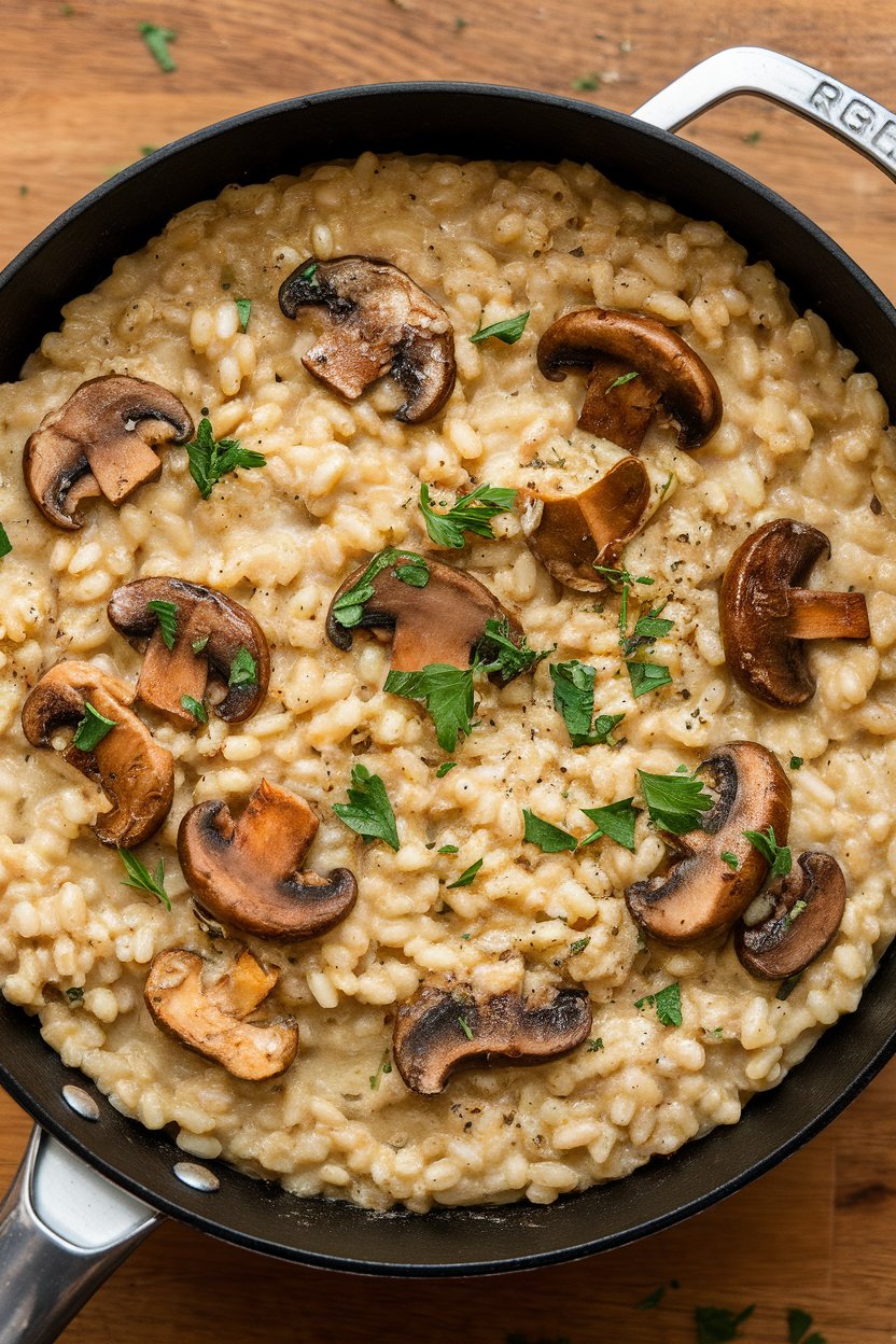 An overhead indoor shot of a skillet filled with creamy barley risotto dotted with sautéed mushrooms and parsley. No text or logos in frame.