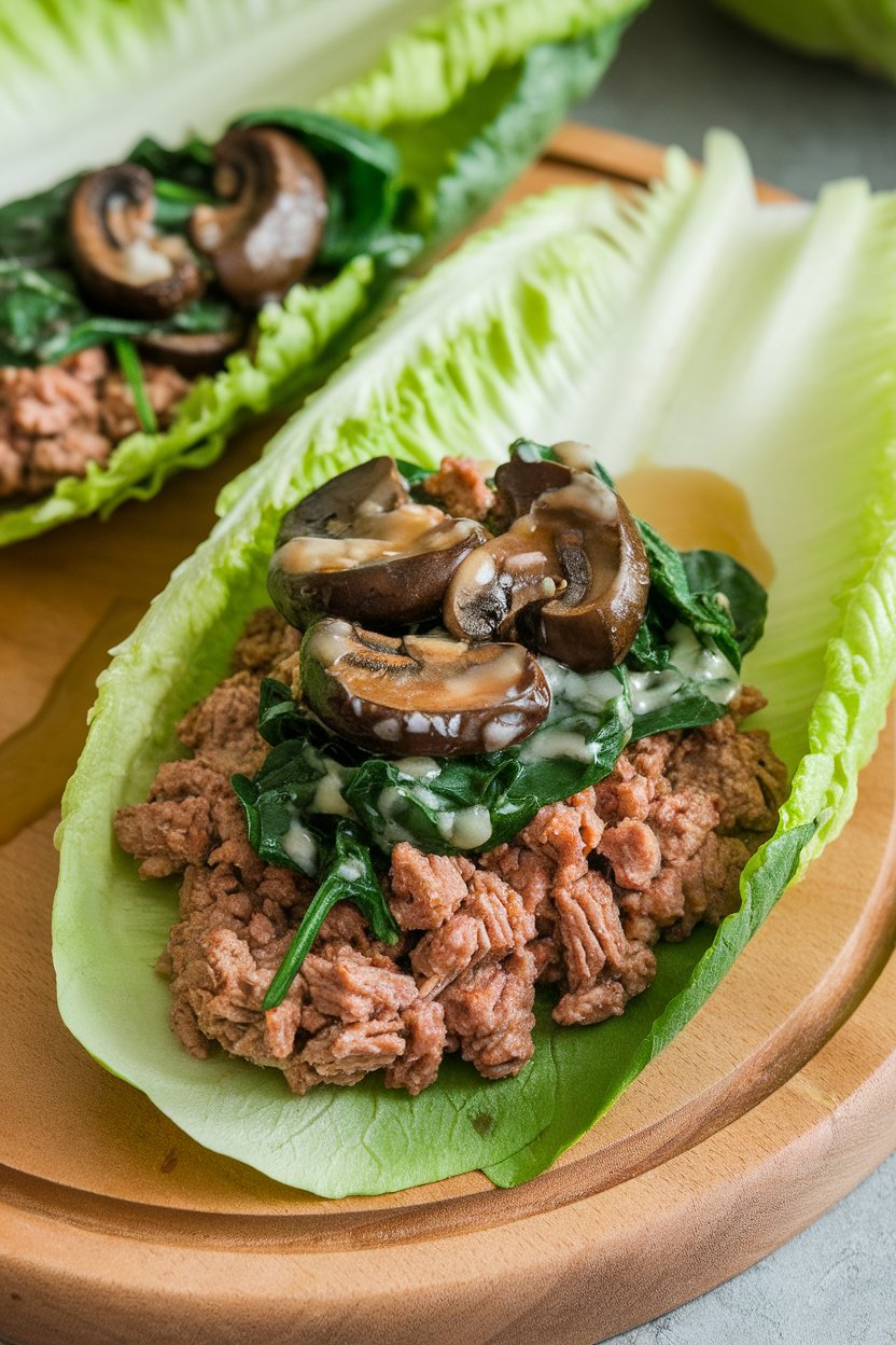Indoor photo of crisp romaine leaves filled with sautéed ground turkey, diced portobello mushrooms, and wilted spinach, finished with a drizzle of light soy-ginger sauce. No text or logos.
