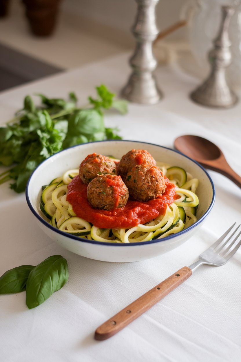 Indoor dining table featuring a bowl of spiralized zucchini noodles topped with baked turkey meatballs and marinara sauce. No logos or text anywhere.