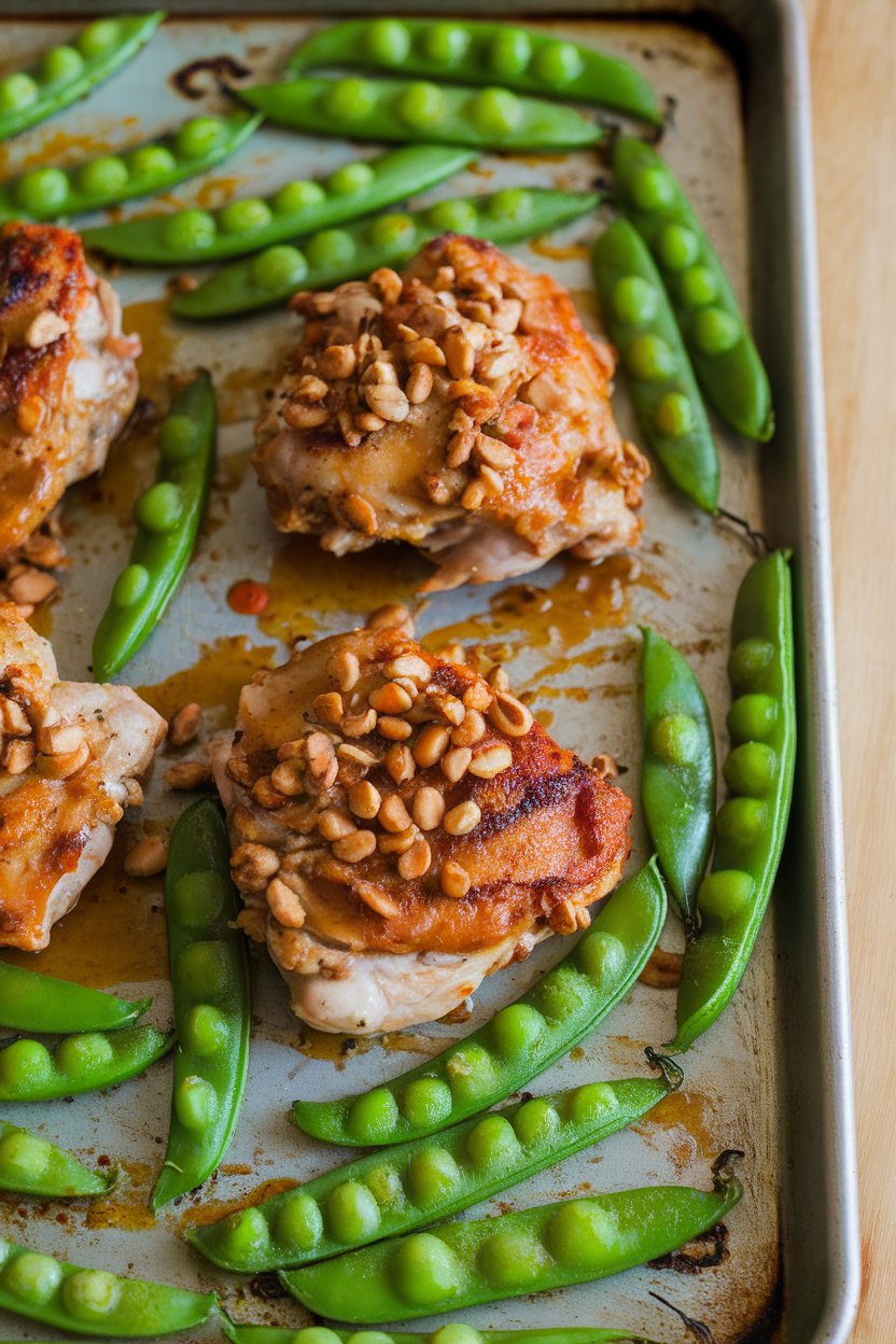 Indoor photo of peanut-satay coated chicken thighs, bright green snow peas roasted lightly beside them on a sheet pan. No text or logos.