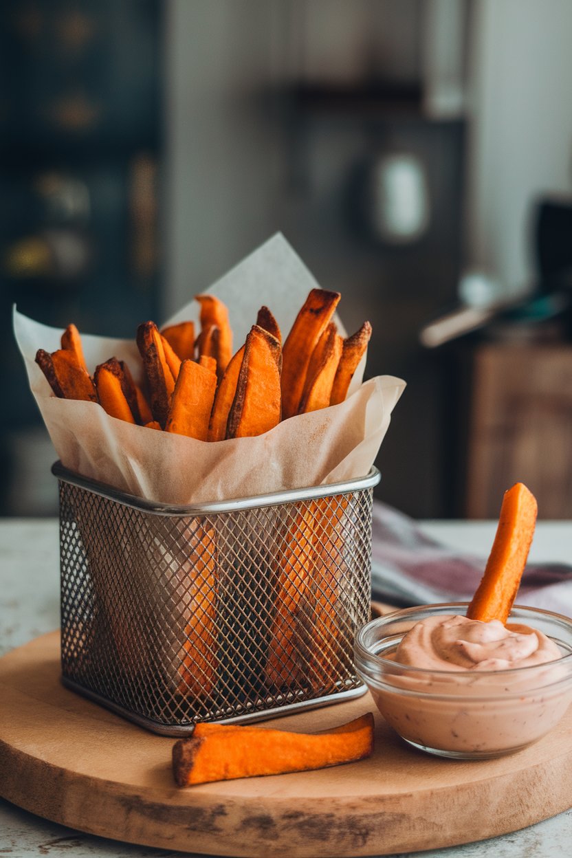 Photo of baked sweet potato fries in a parchment-lined metal basket indoors, side of chipotle mayo, no text or logos