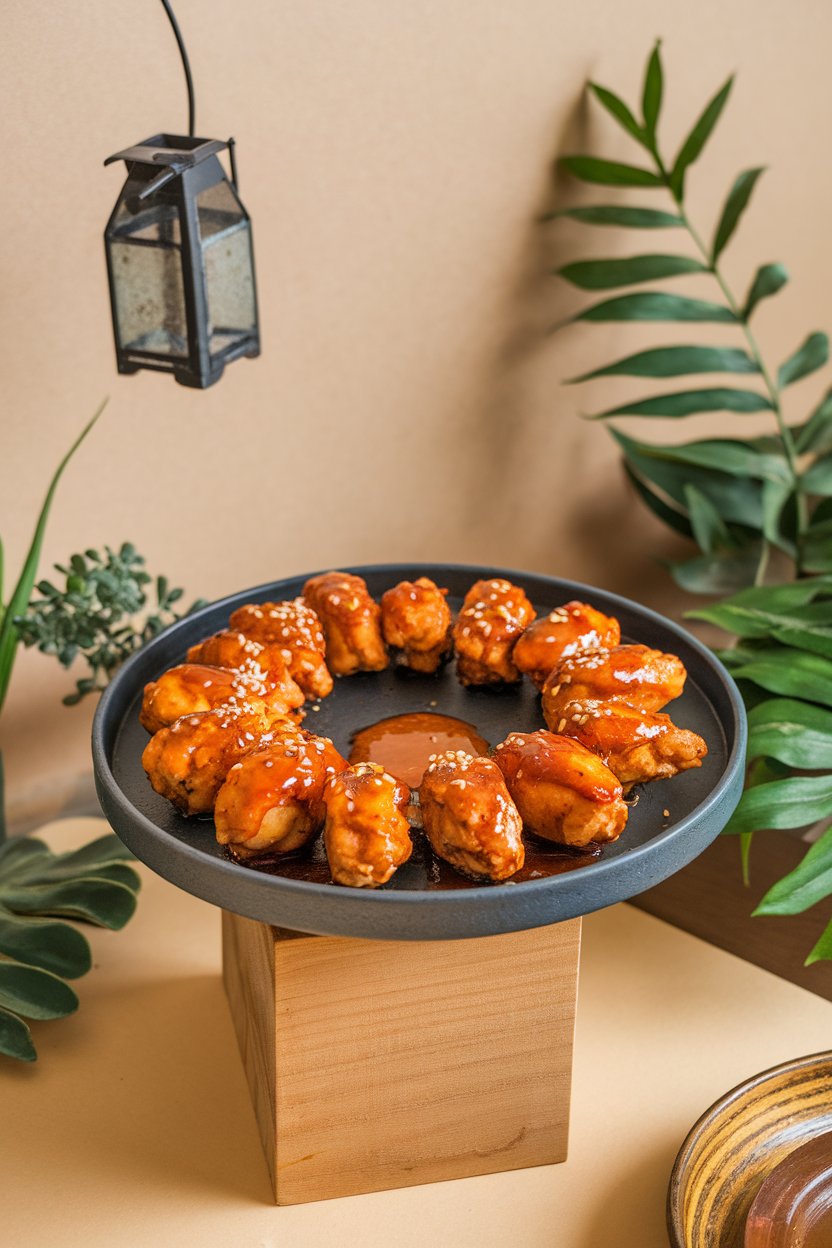 An indoor serving tray of chicken drumettes glazed in sticky honey-sriracha sauce, garnished with sesame seeds—no text or logos. Photo, not illustration.