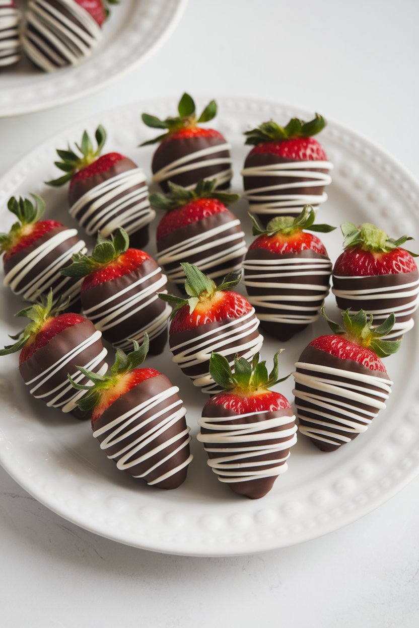 Indoor photo of strawberries dipped in milk chocolate with white chocolate laces, arranged on a white plate. No text or logos.