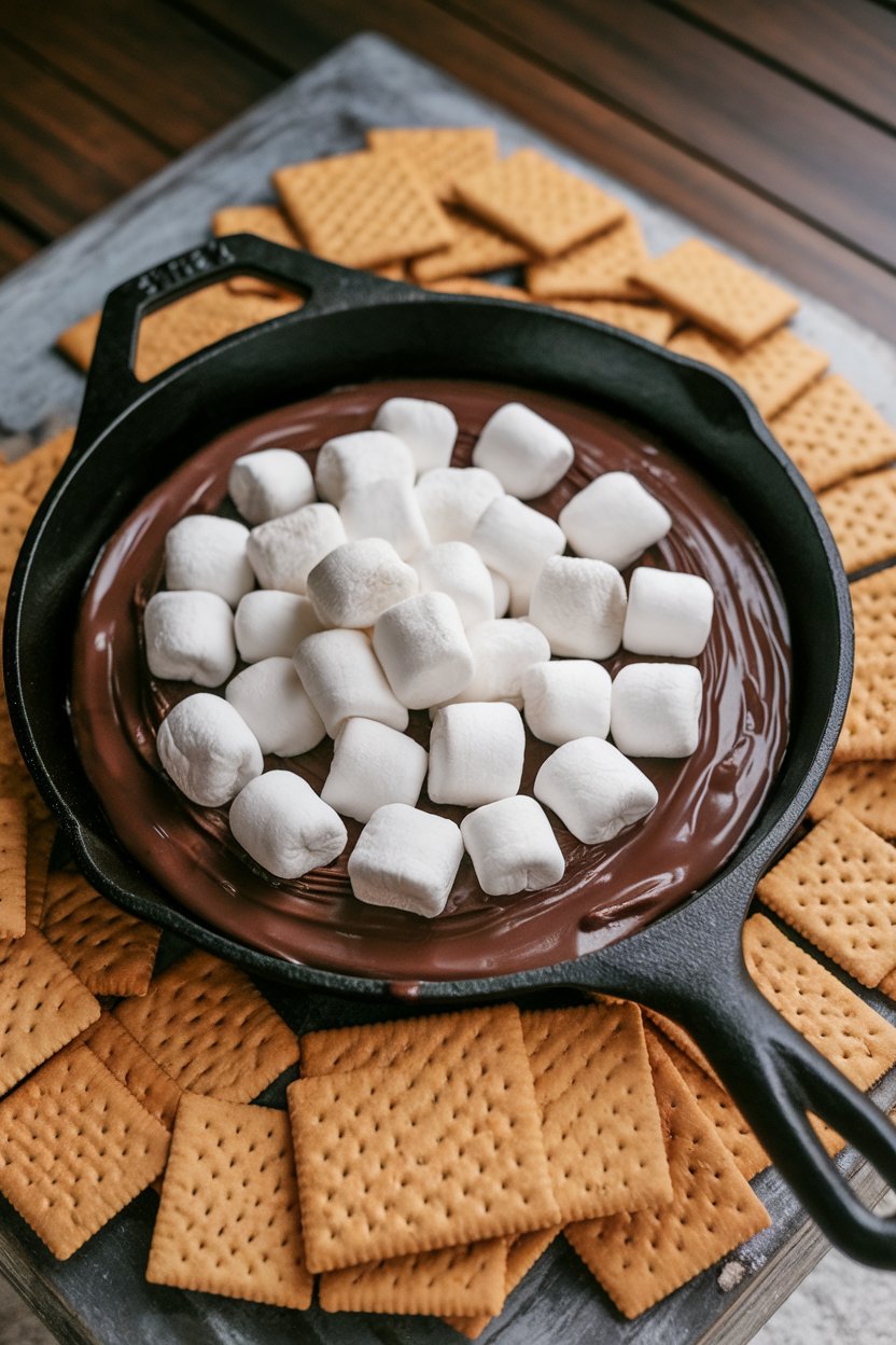 Indoor photo of a cast-iron skillet filled with melted chocolate and toasted marshmallows, graham crackers surrounding it. No text or logos.