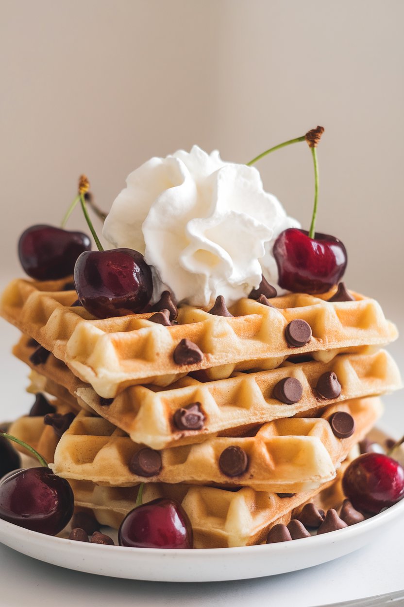 Indoor photo of waffles studded with cherries and chocolate chips, topped with whipped cream, no text or logos present