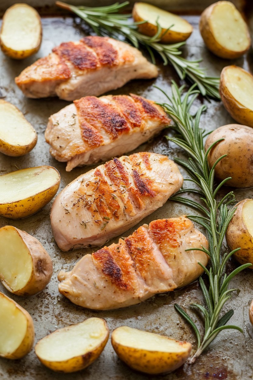 Indoor photo of chicken breast strips, halved baby potatoes, and rosemary sprigs roasted on a sheet pan. No text or logos.