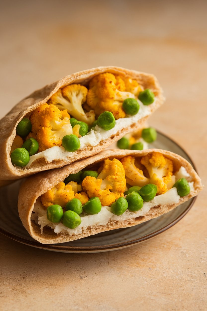 Whole-wheat pita halves indoors stuffed with curried cauliflower florets and green peas, placed on a small plate. No text or logos. Photo only.