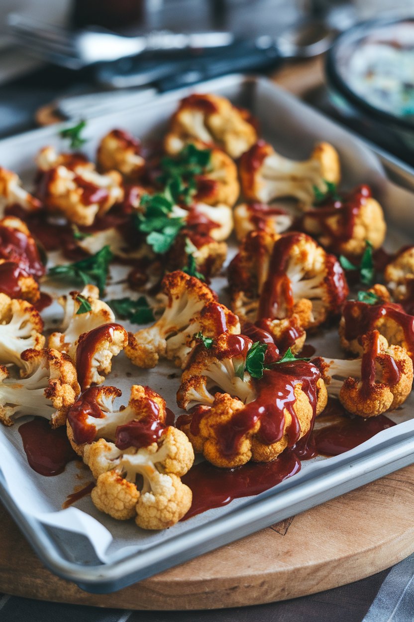 An indoor baking sheet with roasted cauliflower florets coated in barbecue sauce, garnished with chopped parsley. No text or logos. Photo, not illustration.