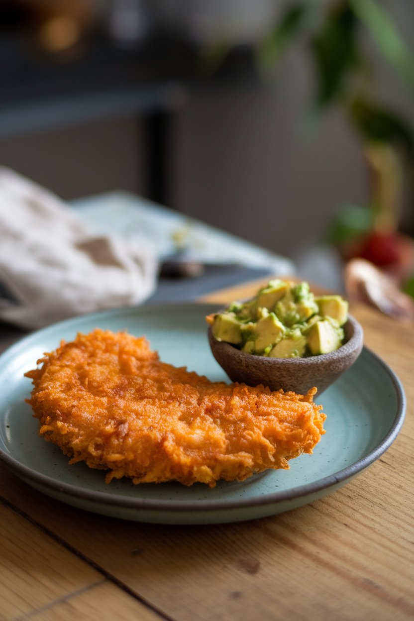 A plate on an indoor table featuring golden fritters stacked beside a small bowl of chunky avocado salsa. No text or logos. Photo.