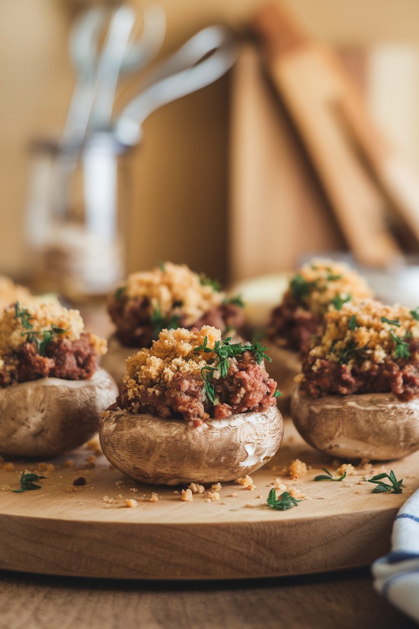 Indoor photo of button mushrooms filled with browned sausage, herbs, and breadcrumbs, tops lightly golden. Warm kitchen light, no text or logos.
