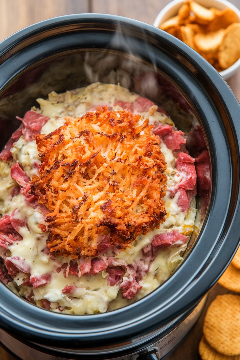 An indoor slow cooker with creamy Reuben dip—corned beef, sauerkraut, and Swiss—steam rising; small bowl of pork rinds alongside, no logos.