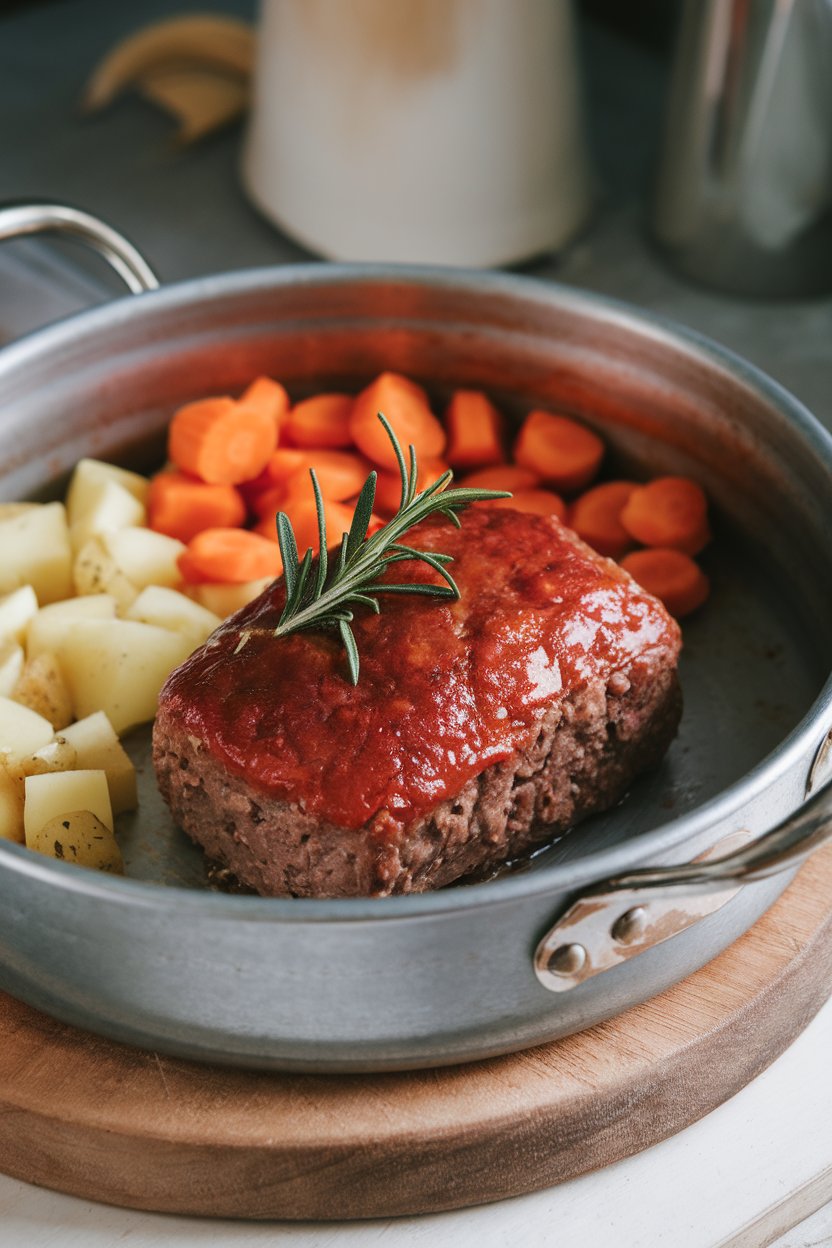 Metal pan showing a small glazed meatloaf next to diced carrots, parsnips, and potatoes; photographed indoors. No text or logos.