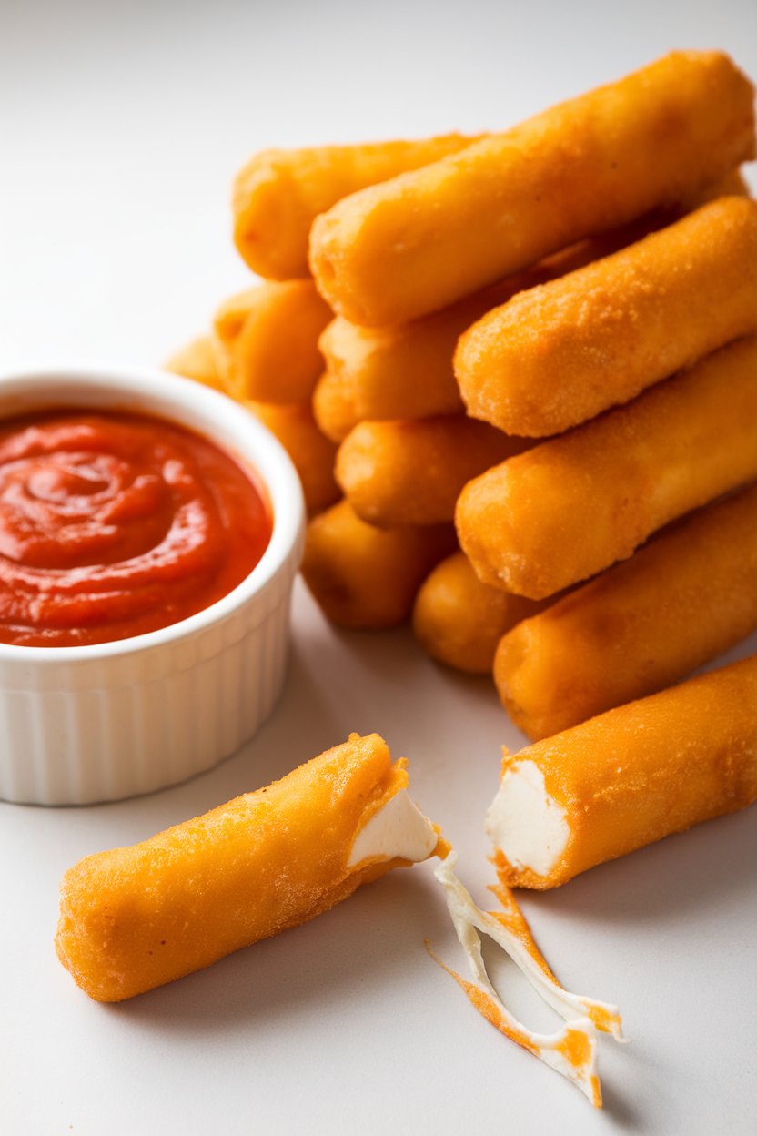 Indoor photo of golden mozzarella sticks stacked beside a small bowl of marinara sauce, cheese visibly stretching from one broken stick. No text or logos.