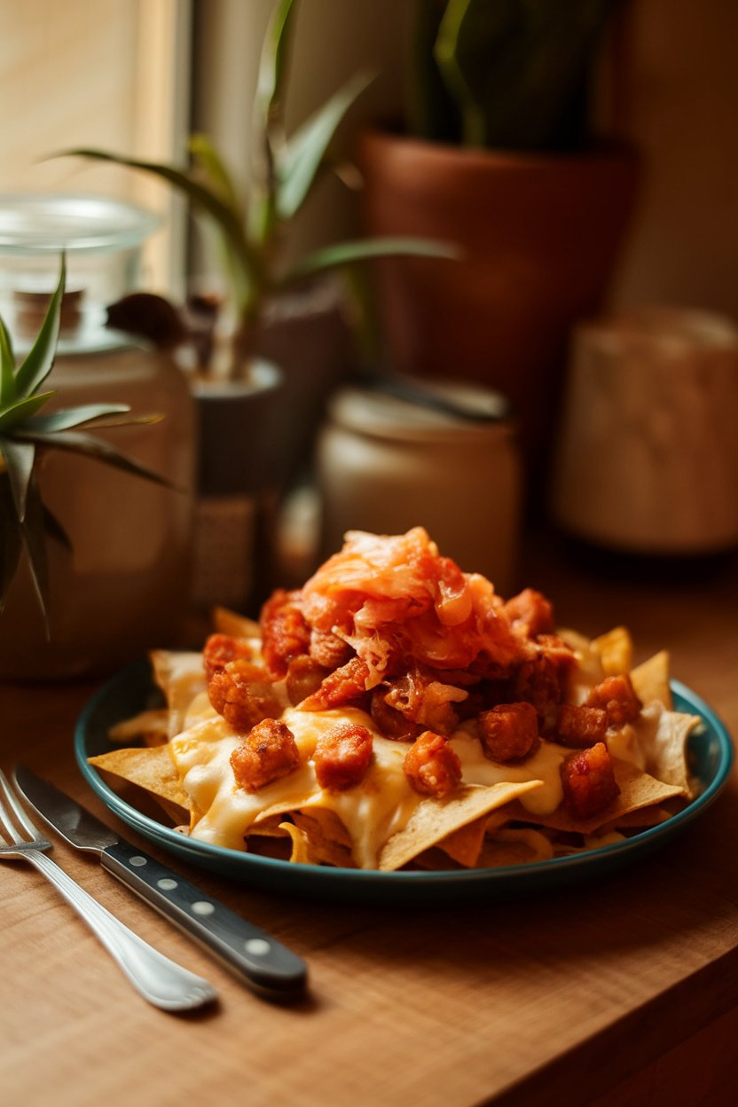 Warm indoor scene of nachos topped with crispy pork belly bits, kimchi, and melted cheese; no text or logos, photo not illustration.