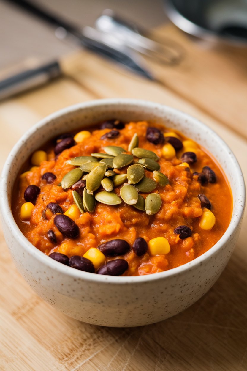 Indoor bowl of orange-tinged chili with black beans and corn, pumpkin seeds sprinkled on top. No text or logos.