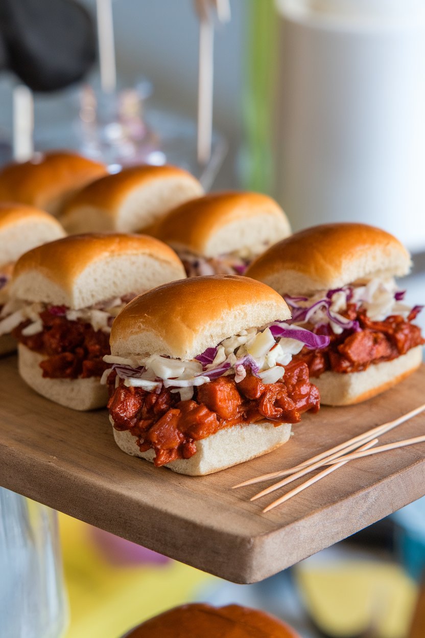 Indoor party platter with mini slider buns filled with saucy BBQ jackfruit, crunchy slaw on top. No text or logos. Photo, not illustration.