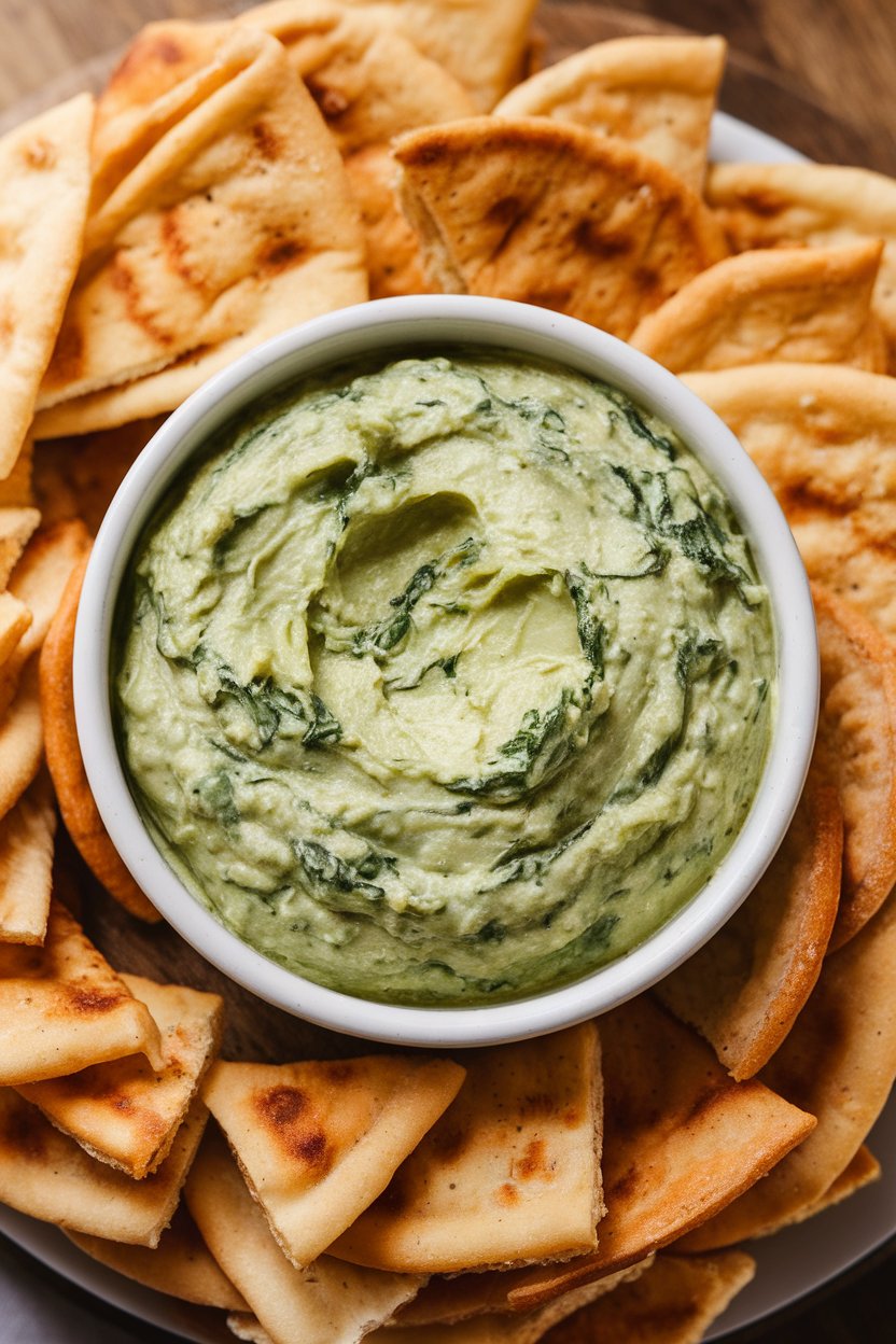 Indoor photo of creamy green spinach-artichoke dip in a round white ramekin, surrounded by pita chips, no text or logos