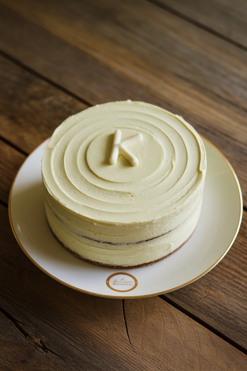 An indoor dessert plate with a key-lime layer cake, smooth pale-green frosting, tiny white chocolate “K” kickoff tee on top—no text or logos.
