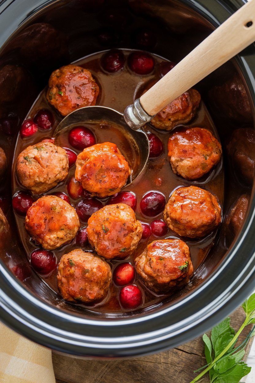 Indoor photo of saucy cranberry BBQ meatballs in a slow-cooker crock with a ladle resting inside. No logos present.