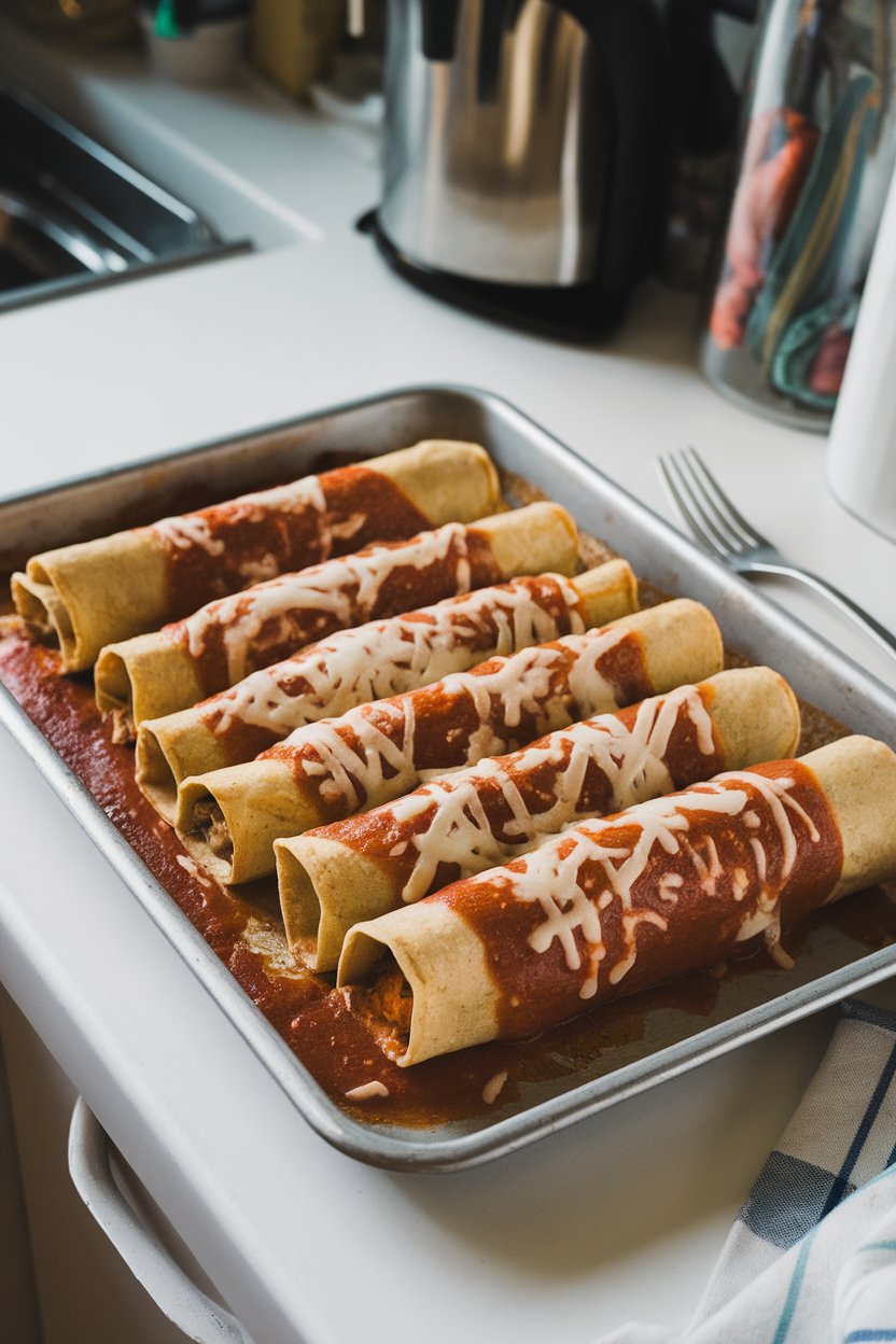 An indoor kitchen table featuring a tray of rolled corn-tortilla enchiladas covered in red sauce and melted cheese. No text or logos.