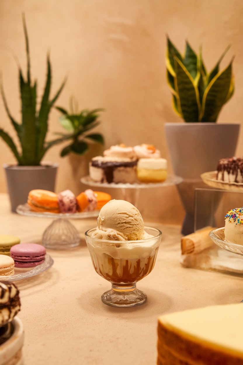 An indoor dessert counter displaying a small glass bowl with a scoop of vanilla ice cream partially submerged in hot spiced chai tea. No logos or text. Photo.