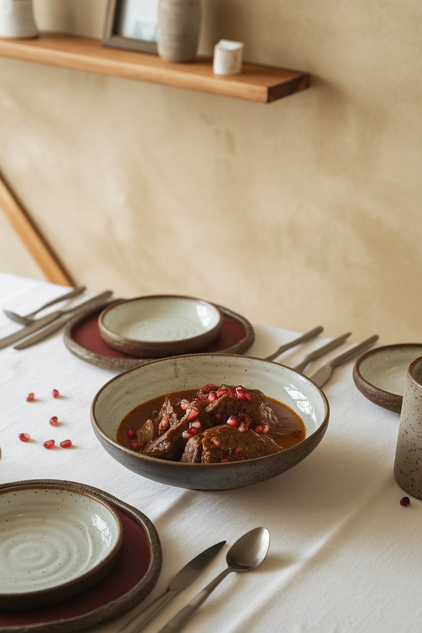 Indoor modern dining table with a bowl of beef stew drizzled with pomegranate arils and glossy sauce. No text or logos. Photo.