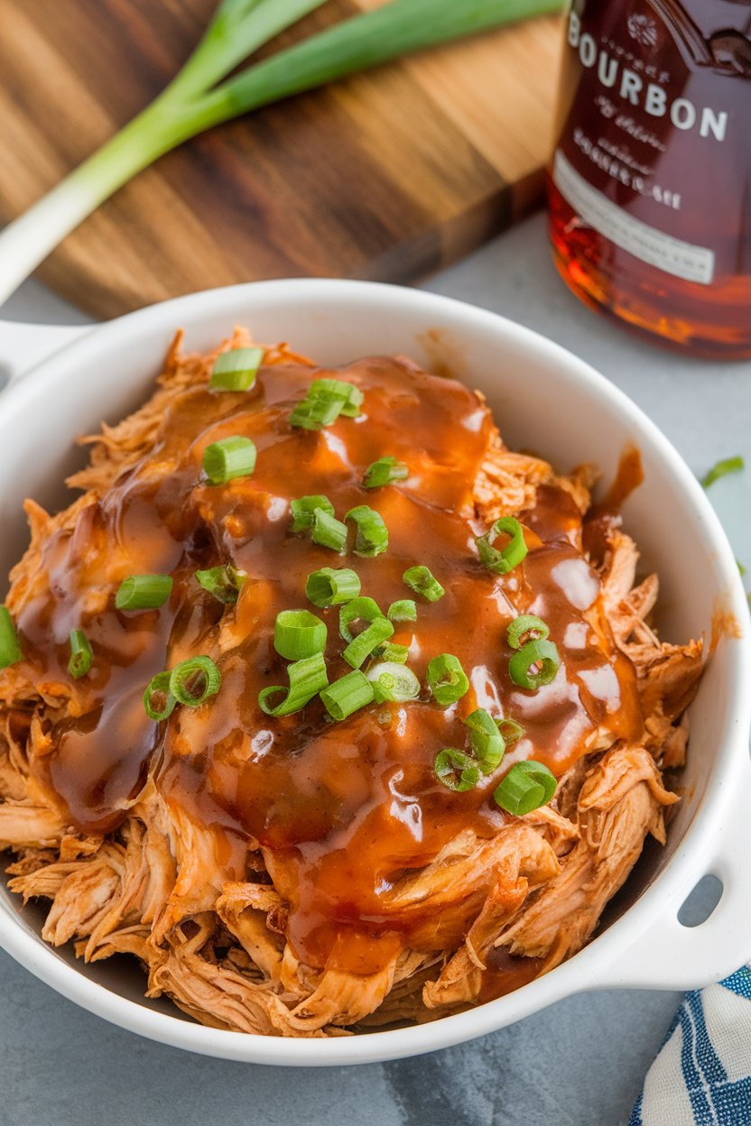 An indoor serving dish of shredded chicken coated in glossy maple bourbon sauce, garnished with green onions; photo only, no text or logos.