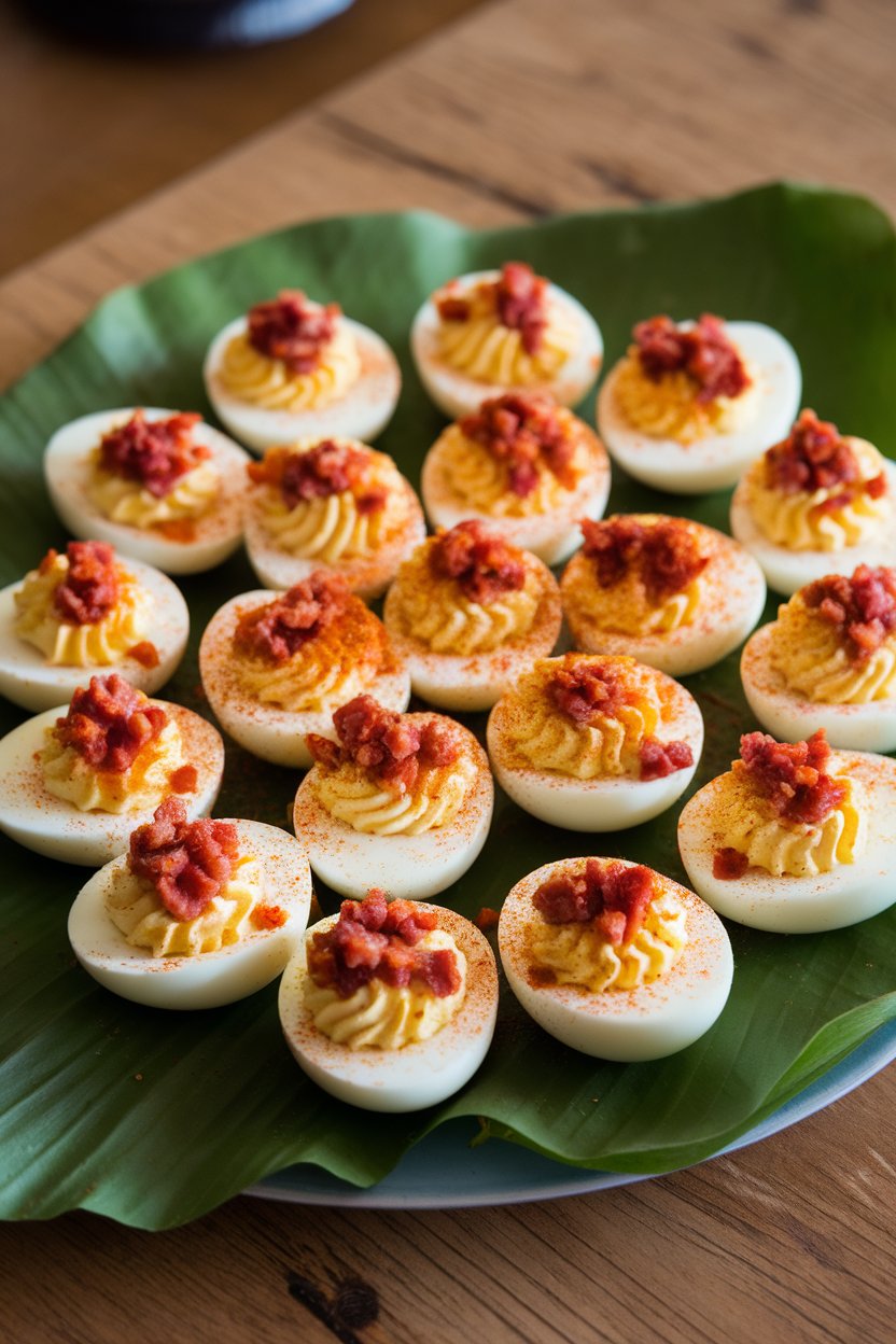 Photo of deviled eggs topped with crumbled bacon and paprika on a platter indoors, no text or logos