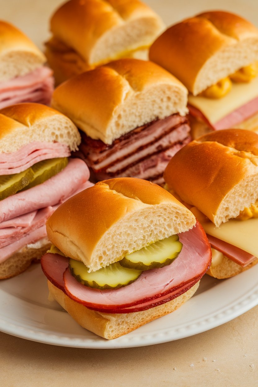 Indoor photo of pressed mini sandwiches with ham, roasted pork, Swiss cheese, pickles, and mustard on sweet rolls; no text or logos